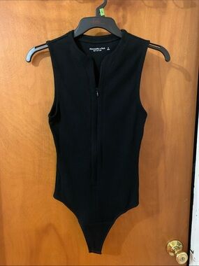 Abercrombie Black Ribbed Front Zip Up Bodysuit